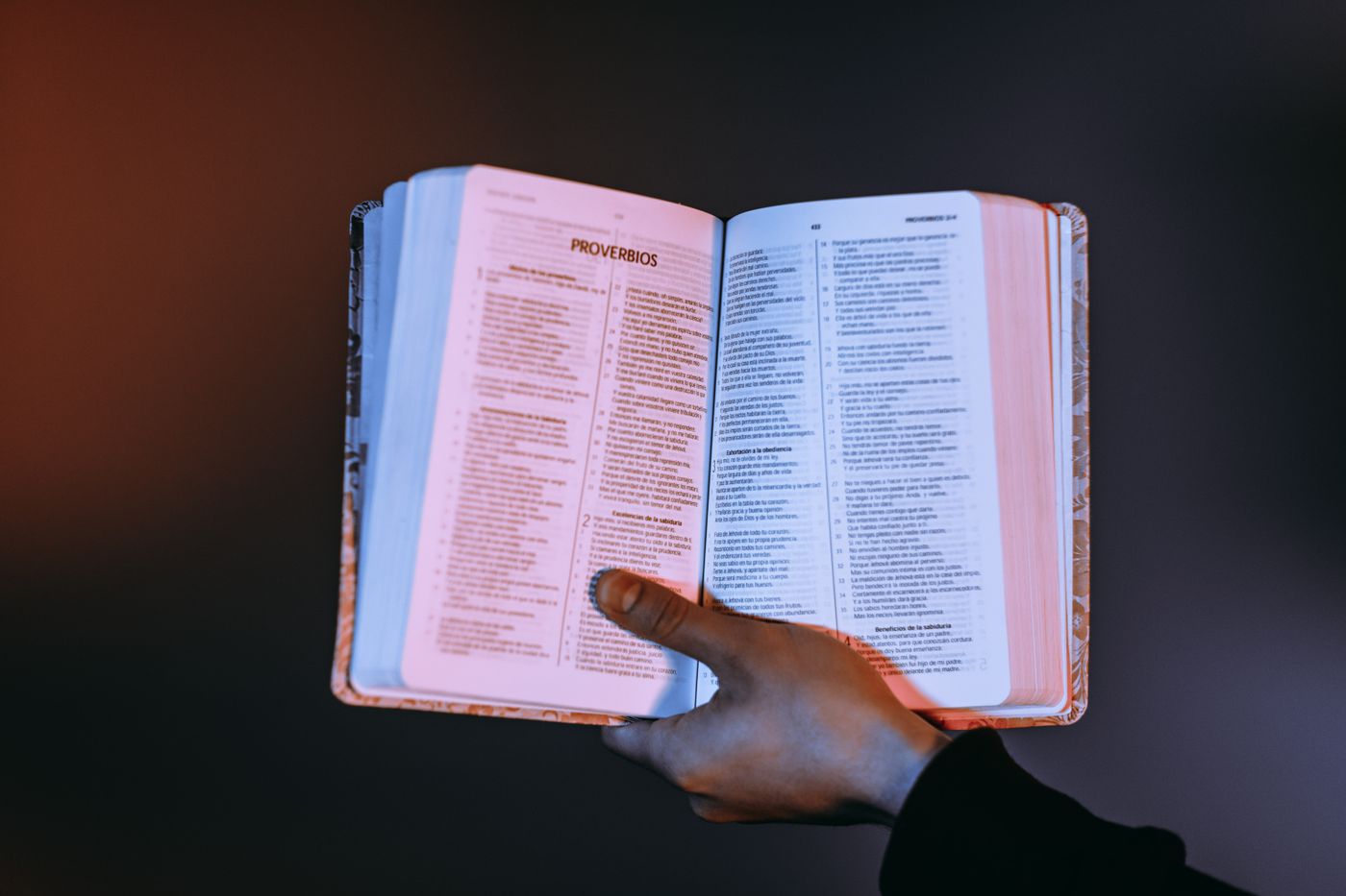 An open Bible held in warm church light