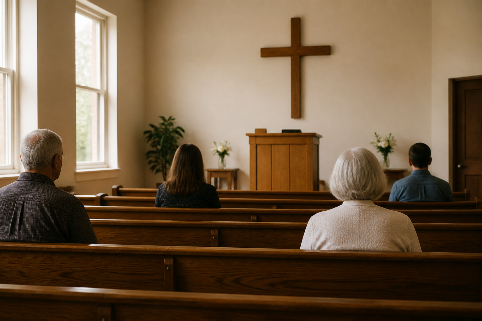 A few believers seated inside a quiet Christian church with a wooden cross